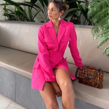  Vintage Sashes Front Pockets Jacket Dress Long Sleeve Sexy V neck Sheath Office Lady Suit 2021 Autumn Blazer